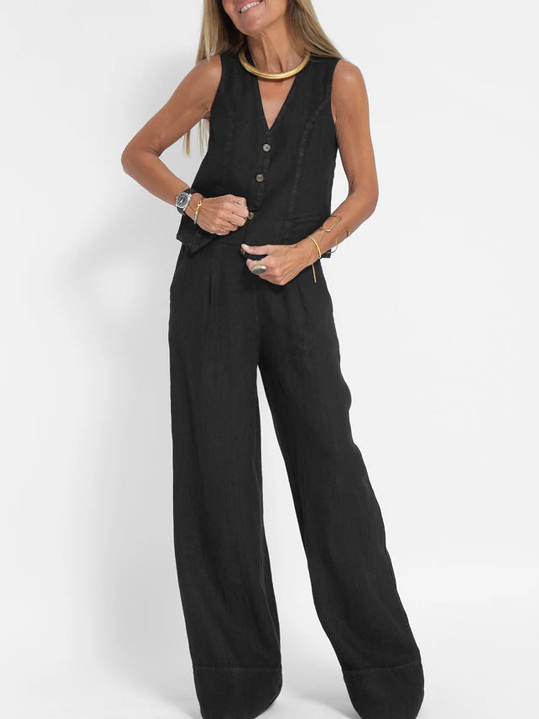 Aira - Set met geknoopt vest en wijde broek