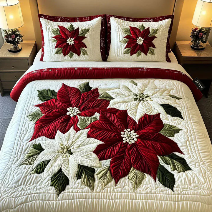 3-delige gewatteerde dekbedovertrekset - Winter Poinsettia's
