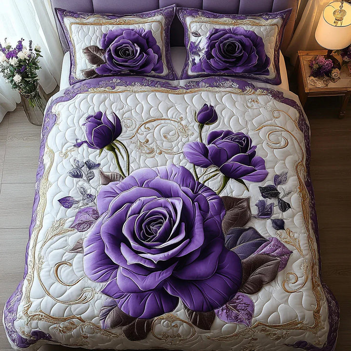 3-delige gewatteerde bedset - Pruimroze