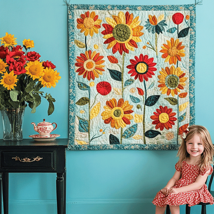 Trijntje - Gewatteerde deken Artistiek Zonnebloemen Tuin Kunstquilt Hangend