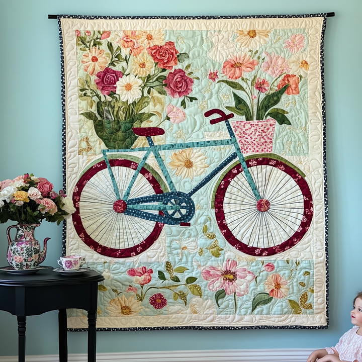 Dieuwertje - Gewatteerde deken Fiets van Bloesems Kunstquilt Hangend