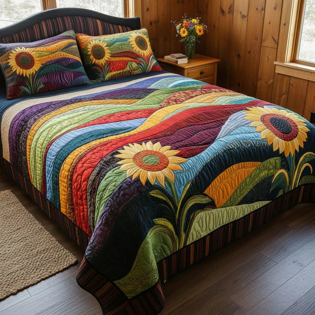 3-delige gestikte bedset - Zonnebloemveld