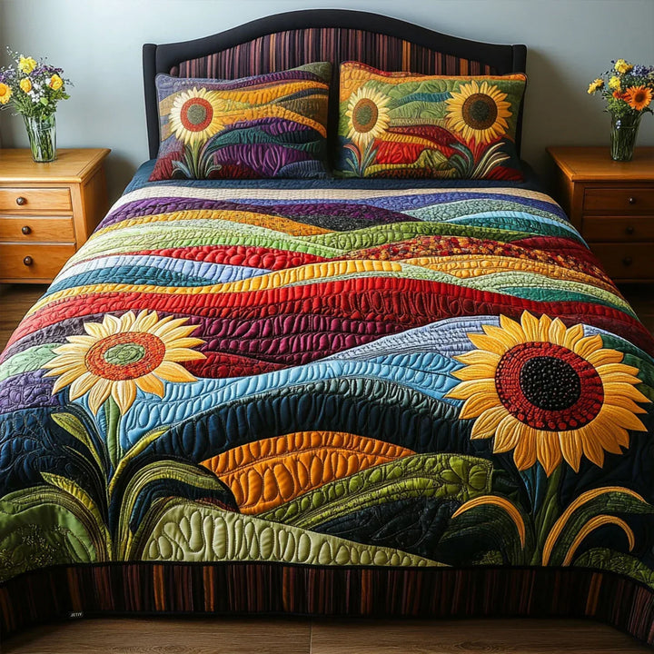 3-delige gestikte bedset - Zonnebloemveld