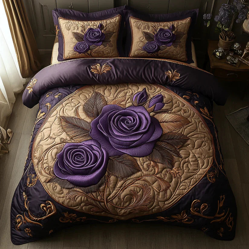 3-delige gewatteerde bedset - Pruimroze