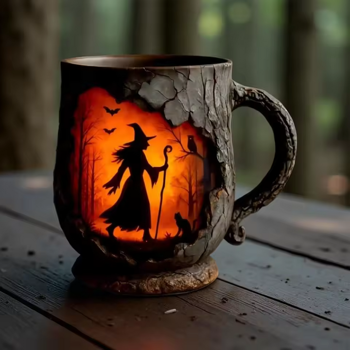 Mok Halloween 3D Handgemaakt met Tovenaar en Kat Motief