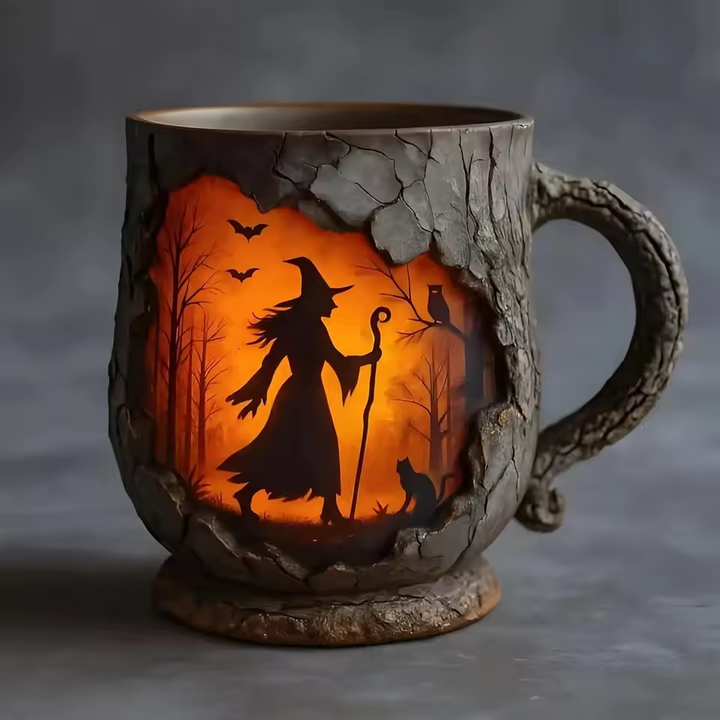 Mok Halloween 3D Handgemaakt met Tovenaar en Kat Motief
