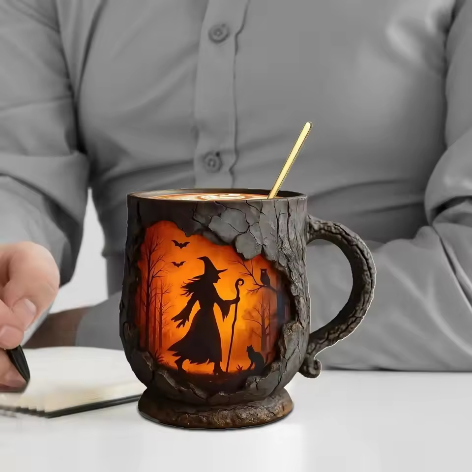 Mok Halloween 3D Handgemaakt met Tovenaar en Kat Motief