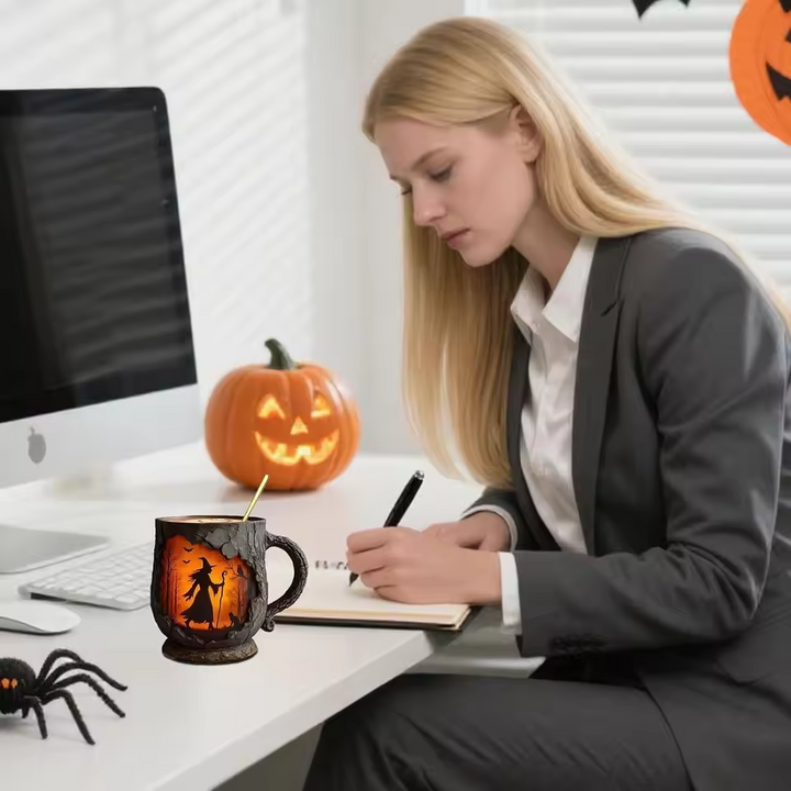 Mok Halloween 3D Handgemaakt met Tovenaar en Kat Motief