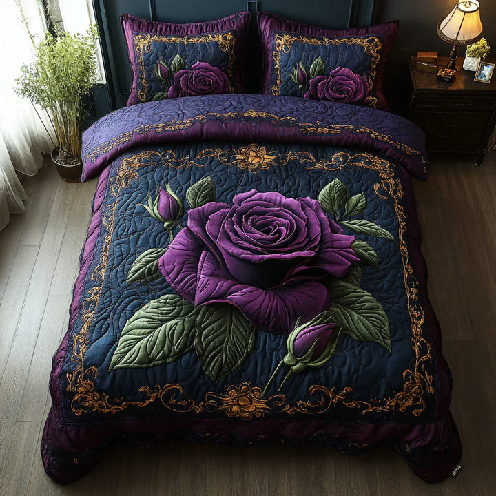 3-delige gewatteerde bedset - Pruimroze