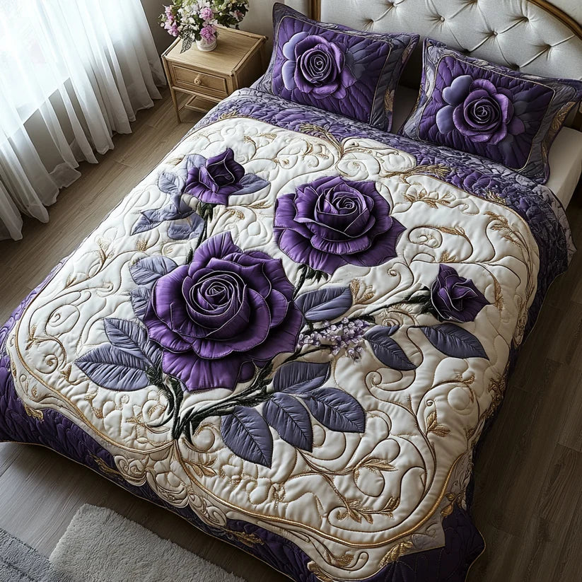 3-delige gewatteerde bedset - Pruimroze