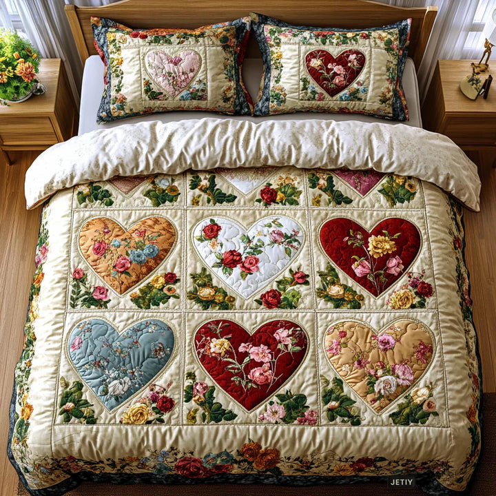 3-delige gewatteerde bedset - Liefdes Harten