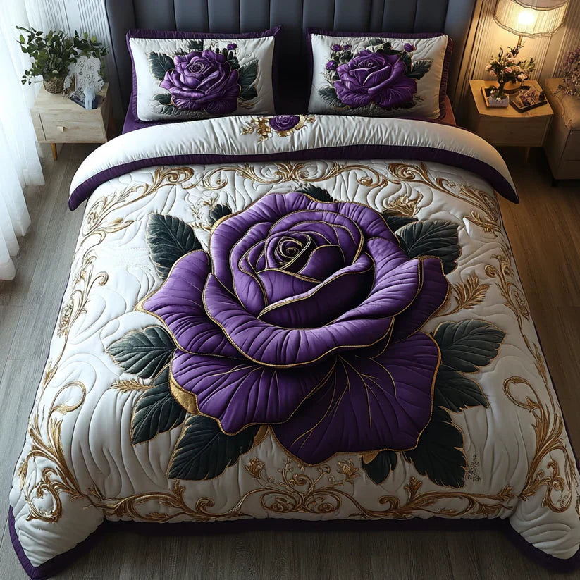 3-delige gewatteerde bedset - Pruimroze